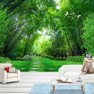 Foto de papel de pared 3D verde bosque de bambú grande de pintura de la pared de la sala de estar moderna Mural papel para las paredes de papel de Contacto 3D