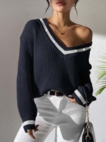 Pull à col en V à manches longues pour femmes, style universitaire européen et américain, hiver, préppy, avec perles, couture contrastée, décontracté