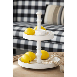 Two-Tiered Round Wooden Tray White 11.8x15.4 <b>Beverage</b> <b>Serving</b> <b>Set</b> - Product Image 3