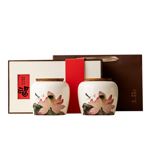 Boîte à thé en céramique avec couvercle en bois, motif lotus, grande capacité, pot de rangement pour thé, coffret cadeau - Product Image 5