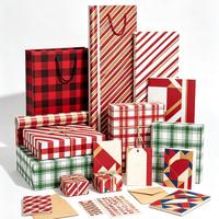 Papier d'emballage artistique recyclable à carreaux rouges et verts motif floral de Noël, sac cadeau assorti, boîte, étiquette suspendue, pour les fêtes