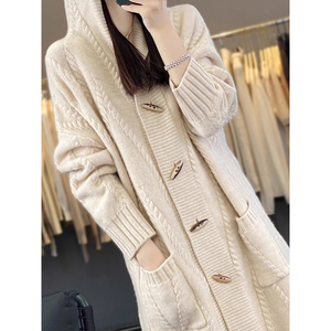 Guoou Inner Mongolia Wool Mid <strong>Long</strong> Cashmere Sweater Cable <strong>Cardigan</strong> <strong>Hooded</strong> <strong>Cardigan</strong> <strong>Women</strong> - Product Image 5
