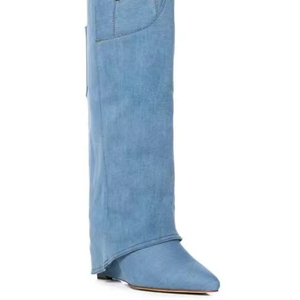 XINZI RAIN 2023 nouvelles bottes hautes au genou Logo personnalisé bout pointu talon compensé femmes bottes hautes en jean - Product Image 2