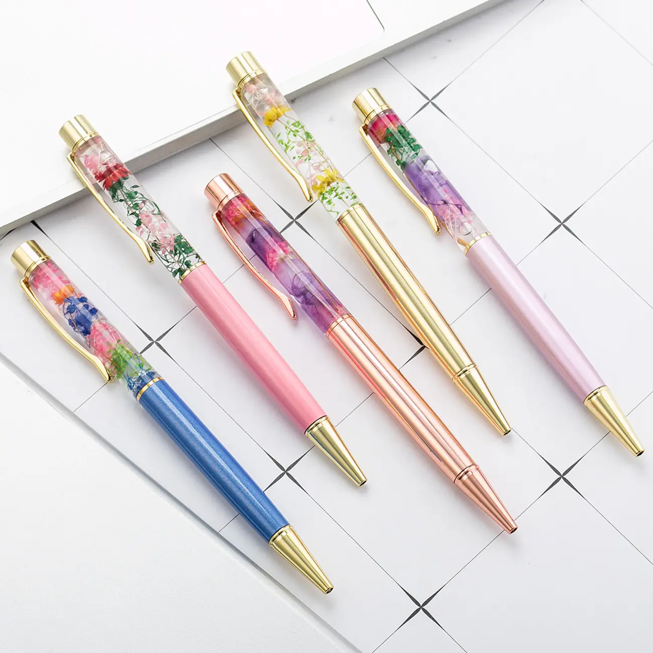 Özel yeni çiçek moda kristal yüzer Glitter kalem herbaryum tükenmez kalem