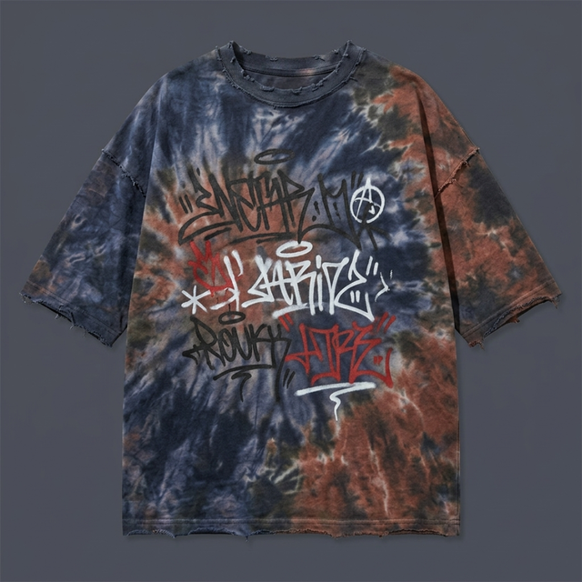 Mens Loose Vintage Tie Dye 100% Cotton T Shirt Distressed Graffiti Print Custom ODM High Quality Breathable Streetwear Short