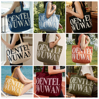 Tas Tote Kanvas Katun Kasual Modis Kapasitas Besar 16oz Denim Letter, Tas Selempang untuk Wanita, Logo Custom