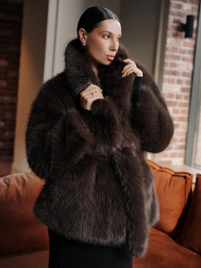 Manteau d'hiver chaud et épais pour <span class=keywords><strong>femme</strong></span> en fausse fourrure de renard marron foncé, mi-long, à grand col, ouvert sur le devant, veste moelleuse et oversize pour le quotidien - Product Image 2