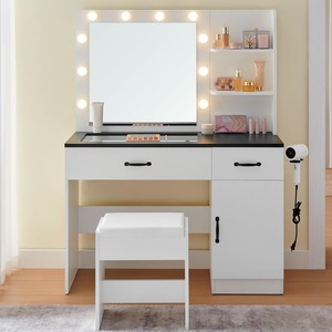Tùy chỉnh Nordic Trắng độ bóng cao đa chức năng hiện đại đơn giản mới nhất gỗ Vanity bàn LED bàn trang điểm với gương và phân - Product Image 1