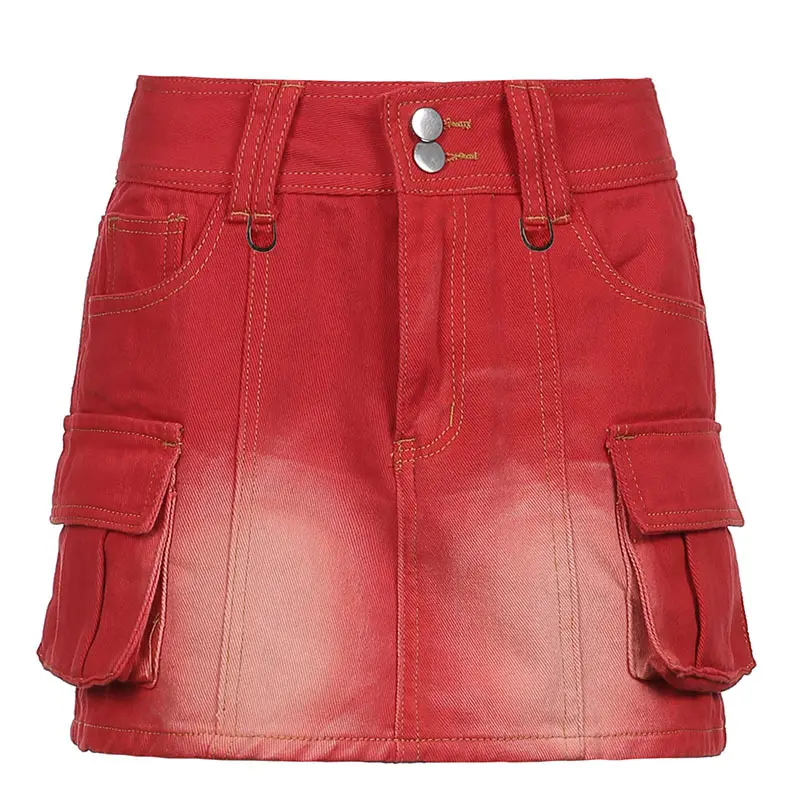 גבירותיי חמה לעטוף קצר חצאית בציר אדום כיסי עיצובים כיסי ג 'ינס חצאית מיני חצאיות