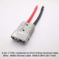 Cable de Silicona con Conductor de Cobre Rojo y Negro de 0.2m/0.3m/0.5m/1m, 50A, Terminal de Anillo, para Baterías Industriales y de RV