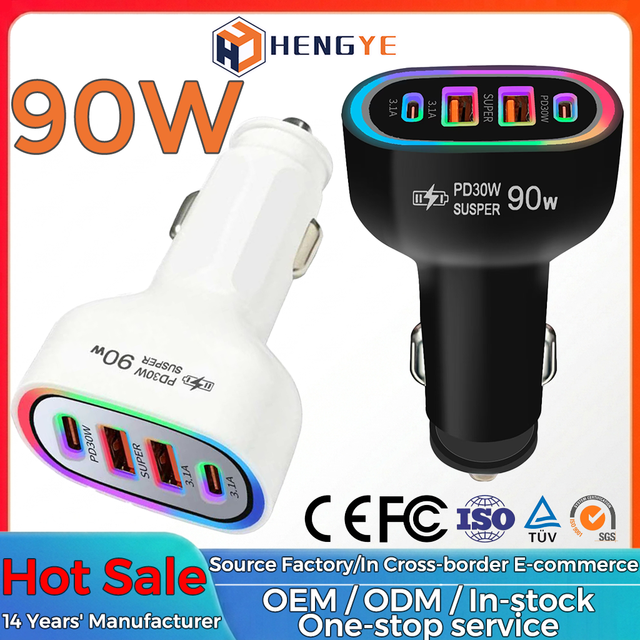 Led Charging Light 90W 4 Ports Dual Type C PD + QC3.0 USB a Mobile Phone Adapter Car Charger