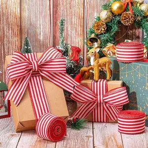 Noel dekorasyon için noel hediye paketi şerit kablolu çuval bezi kırmızı ve beyaz şerit şerit tatil şerit