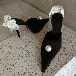 Zapatos de Tacón Alto Negros Elegantes y Modernos al por Mayor, Sandalias de Tacón Alto para Mujer con Perlas - Product Image 1