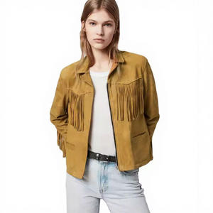 <b>Womens</b> Real <b>Suede</b> Leather Fringe <b>Jacket</b> Tan Yellow Western Boho Tassel Zip Coat Custom Winter Warm Outerwear Apparel Garment - Product Image 1