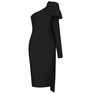 Abito da donna nero monospalla aderente con fiocco, lunghezza al ginocchio, casual, antistatico, in tessuto tinta unita, elegante, per feste diurne - Product Image 1