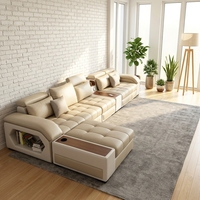 Ensemble de canapés modulaires en cuir beige avec porte-gobelets intelligents et appuie-têtes réglables pour salon