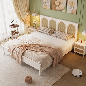 French Style Cream Solid Wood Rattan <b>Bed</b> 1.8M <b>Double</b> Platform <b>Bed</b> For Bedroom - Product Image 2