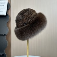 SJ Handgefertigte Luxus Echte Gestrickte Nerzmütze mit 3D-Stickerei Breiter Krempe Winter Outdoor Warme Lässige Reise-Bucket-Mütze