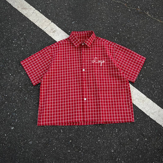 Custom Logo Summer High Quality t Shirts Casual Plaid Shirt 100% Cotton Oversized Boxy Fit Button up Shirts for Men