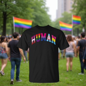 T-shirt unisex a maniche corte con scollo rotondo in cotone ecologico, arcobaleno, per il Mese dell'Orgoglio Umano, per l'uguaglianza e i diritti trans - Product Image 3