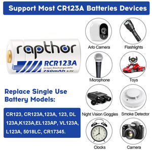 Rapthor Lot de 8 batteries au lithium rechargeables CR123A 3,7 V 750 mAh avec chargeur, compatibles avec les caméras Arlo, les lampes de poche et les capteurs - Product Image 4