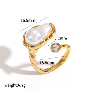 Anillo de Perlas con Abertura Geométrica Irregular, Estilo Moderno y Lujoso, Acero Inoxidable con Baño de Oro de 18K, Joyería para Mujer - Product Image 6