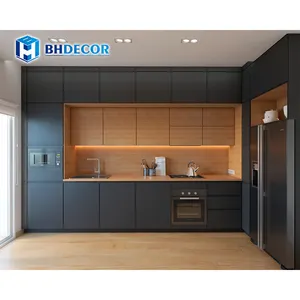 Gabinete de cocina moderno acrílico laminado Hdf gris de alto brillo con marco de cara empotrada de isla europea de paquete plano en Foshan