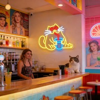 Enseigne néon LED USB dimmable pour propriétaires de cafés à chats et salons de thé, motif chat buvant, pour vitrine, mur et décoration commerciale