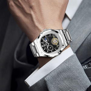 Reloj mecánico LIGE para hombre, correa de acero inoxidable, resistente al agua, 10 bar, plateado y negro - Product Image 2