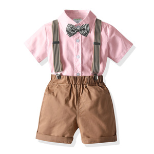 Conjunto de Ropa Casual para Niños Pequeños, Camisa a Rayas con Corbata de Lazo y Tirantes, Pantalones Cortos Blancos de Algodón, Traje de Caballero - Product Image 5