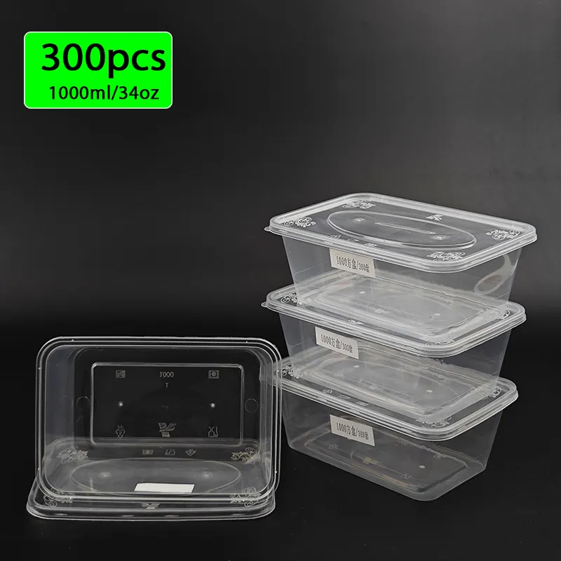 300pcs 1000ml 34oz Transparent Fruit Salad Plastic Food Container Disposable Microwavable Food Storage Meal Prep Containers