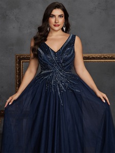 <span class=keywords><strong>Vestidos</strong></span> de Noche de Lujo Talla Grande LY2755D para Mujer, Sin Mangas, Cuello en V, Lentejuelas Bordadas, Adornados con Cuentas, Color Azul Marino, Vestido Formal para Fiesta - Product Image 6
