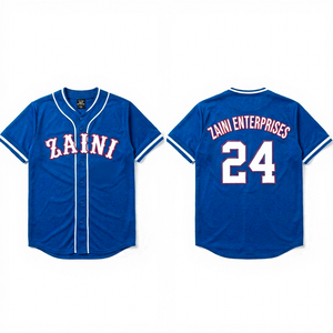 เสื้อเบสบอลชาย 180 GSM โพลีเอสเตอร์พรีเมียม ระบายอากาศได้ดี สีน้ำเงินขาว ดีไซน์ขอบสีขาว ปักโลโก้ ชื่อ และหมายเลข  ผ้าทวิลล์ สำหรับทีม - Product Image 1