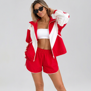 Ensemble de survêtement coupe-vent pour femmes, couleur rouge et blanc, veste légère à fermeture éclair et short, ensemble de vêtements de sport athlétiques 2 pièces - Product Image 1
