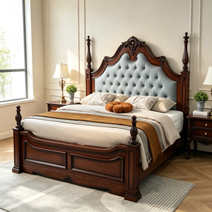 New Arrival Floral Carved Top Diamond Tufted Velvet Four Poster Solid Wood Bed with Simple Wooden Nightstands - Product Image 1