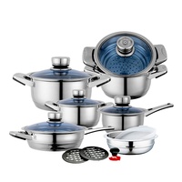 Usine personnalisée 16 pièces en acier inoxydable à large bord batterie de cuisine ensemble de casserole marmite avec couvercle en verre bleu
