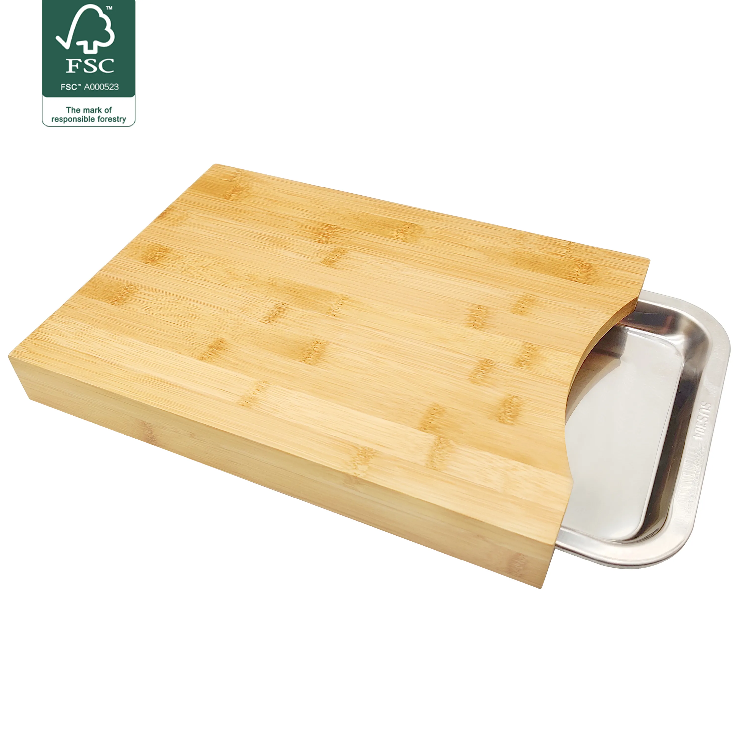 Utensilios de cocina Tabla de cortar de bambú orgánico ecológico con placas de acero inoxidable