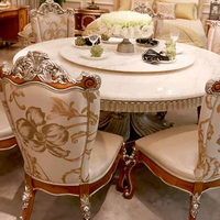 Französischer Antik-Stil Runder Esstisch mit Stühlen Europäischer Stil Weißer Marmor Holzgeschnitzter Drehtisch für Villa Wohnzimmer