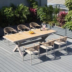 <span class=keywords><strong>Table</strong></span> à manger <span class=keywords><strong>extensible</strong></span> moderne en <span class=keywords><strong>aluminium</strong></span> durable avec 6 <span class=keywords><strong>chaises</strong></span> en corde, garantie 5 ans, pliable pour hôtels et terrasses - Product Image 1