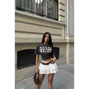 <b>Summer</b> Casual <b>White</b> A-Line Mini <b>Skirt</b> Embroidered Print XS Size Straight Cut Natural Waistline Made Spandex Silk Knitted Fabric - Product Image 1