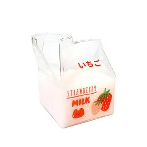 380ml Kawaii Cute Fruit Heat Resistant Breakfast Milk Glass Cup Creative Square Clear Carton Water Bottle
