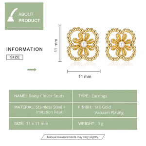 Boucles d'oreilles clous Daisy Clover en acier inoxydable plaqué or 14K sous vide, avec cadre perlé imitation perle, bijoux 11mm - Product Image 5