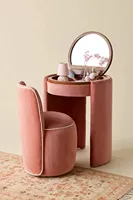Coiffeuse Idao avec miroir pliable et tabouret, table de maquillage d'angle en bois, tabouret de rangement cylindrique