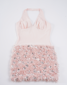 Mini robe scintillante à bordure de plumes - Robe de soirée à col halterneck en sequins pour femmes, décolleté plongeant, taille haute, moulante, pour cocktail - Product Image 2