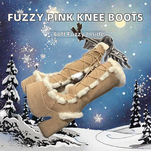 Botas de Tacón Alto con Plataforma y Punta de Acero para Mujer, Estilo Occidental, con Cordones, para Invierno y Otoño, Botas Romanas hasta la Rodilla con Tacón Grueso y Peluche Rosa - Product Image 2