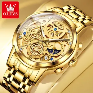 Olevs 9947 Men's Watches Top Brand Gold Skeleton Style 24 Hour Day Night New Luxury Original Waterproof Quartz Watch For Man