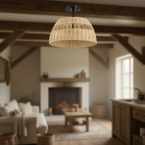 Plafonnier semi-encastré en rotin, finition métal noir, style farmhouse, grande taille, éclairage LED intérieur - Product Image 2