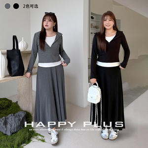 Happy Plus Ensemble deux pièces pour femme, noir, gris, couleur unie, tricot modal, costume décontracté à capuche, grande taille N9490 - Product Image 2