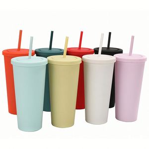 Double Wall 24oz <b>Plastic</b> Tumbler <b>Cup</b> with Lid and Straw <b>Reusable</b> Portable Colorful Drinking Mug for Travel Office Party Gift - Product Image 4