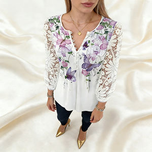 <b>Women's</b> Elegant Mid-Length Button <b>T</b>-<b>Shirts</b> Butterfly Lace Crocheted Sleeve Casual Office Top with Sweet Short V-Neck <b>for</b> Bigsize - Product Image 2